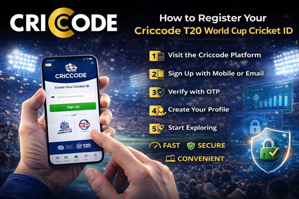 User registering Criccode T20 World Cup Cricket ID on mobile phone with signup screen