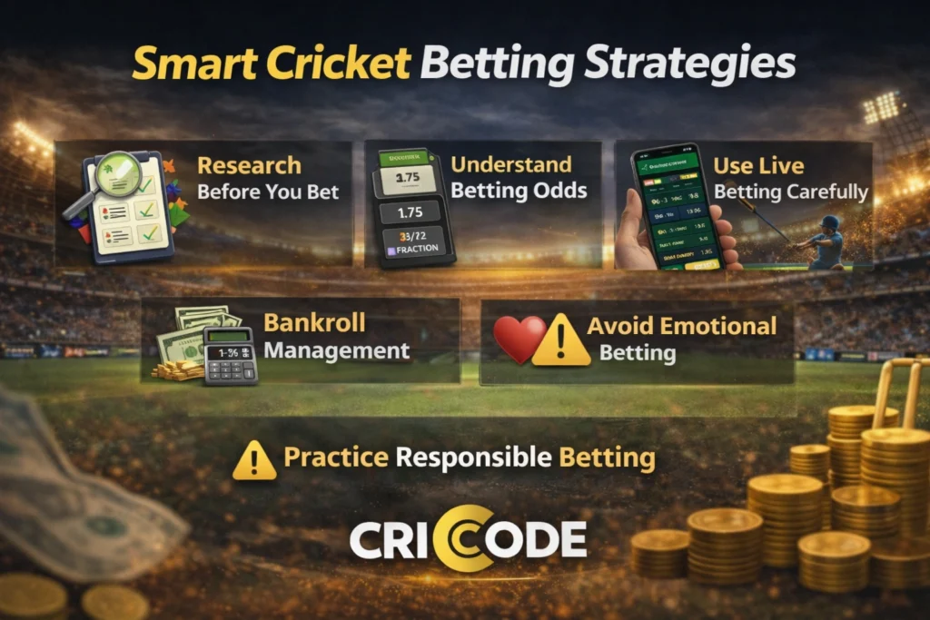 Smart cricket betting strategies infographic by CricCode with bankroll and live betting tips