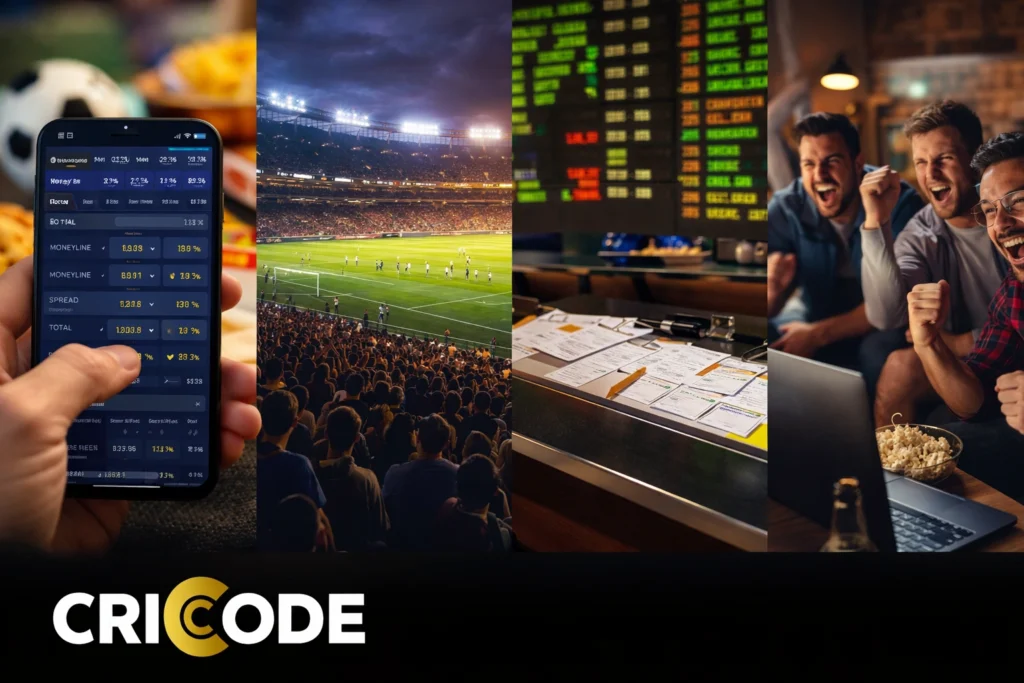 CRICODE sports betting platform showing live odds and mobile betting interface