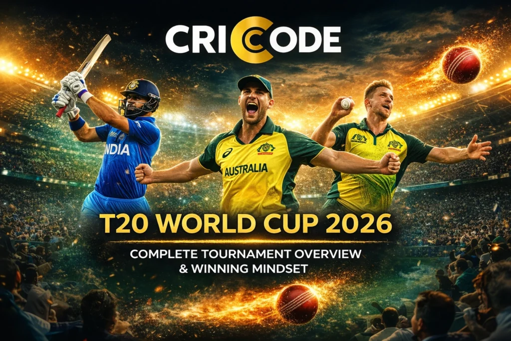 T20 World Cup Tips 2026 promotional banner with CRICODE logo, international cricket players, stadium background and tournament overview text.