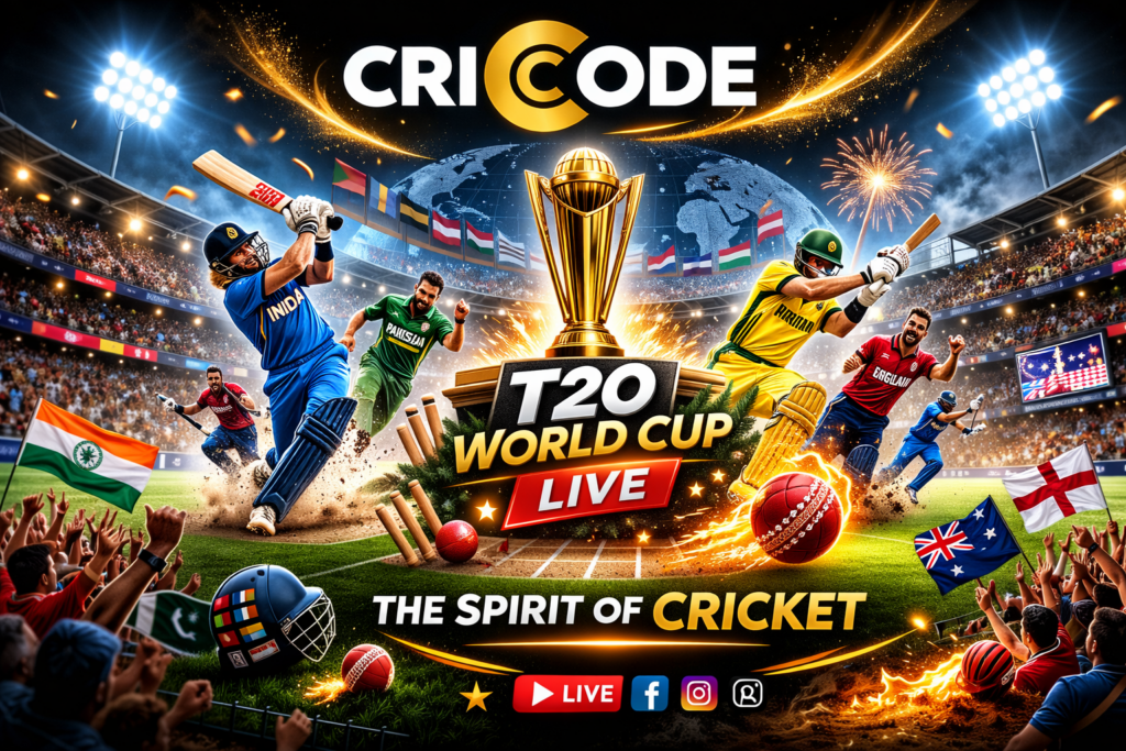 T20 World Cup Live 2026 match stadium view with trophy and players