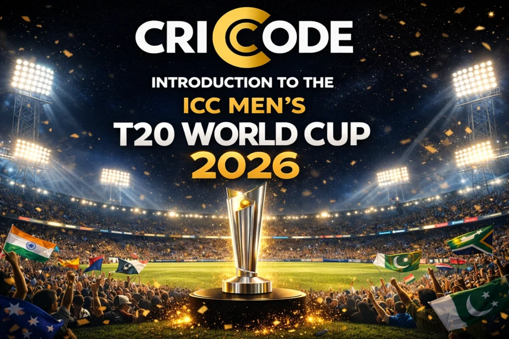 CRICODE introduction banner for ICC Men’s T20 World Cup 2026 with trophy and stadium background
