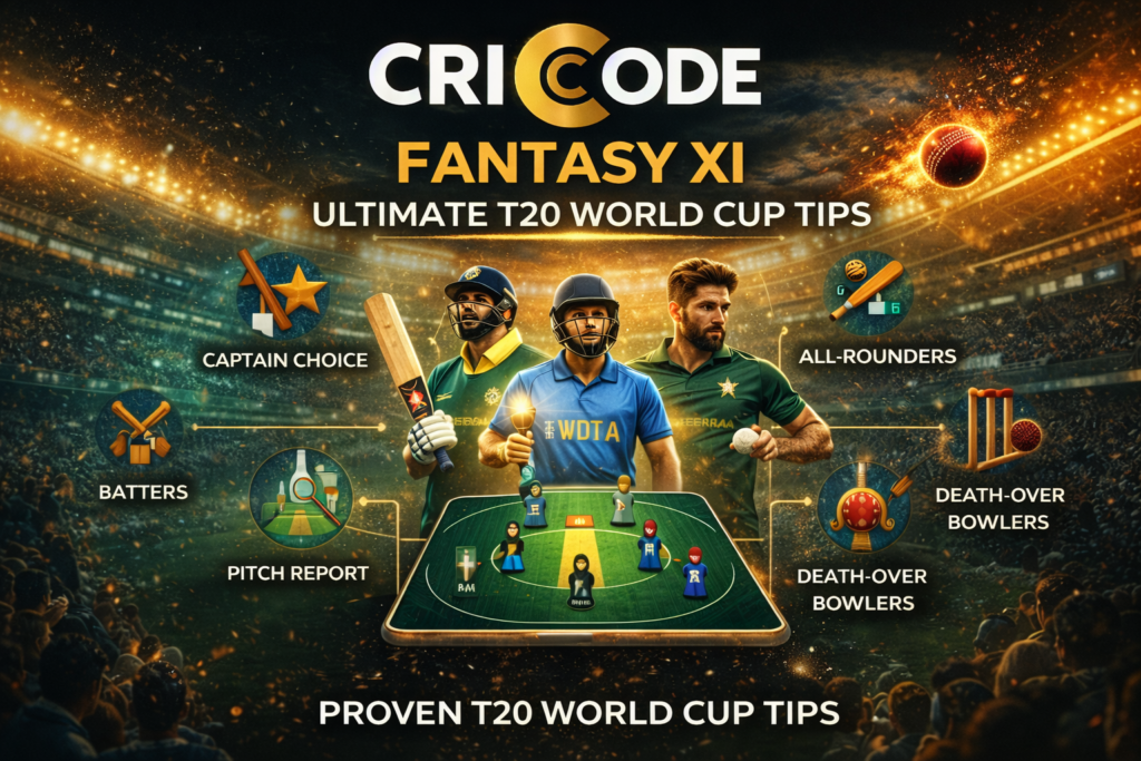 Fantasy XI strategy banner for T20 World Cup Tips 2026 showing captain choice, all-rounders, batters, pitch report and death-over bowlers in a cricket stadium background.