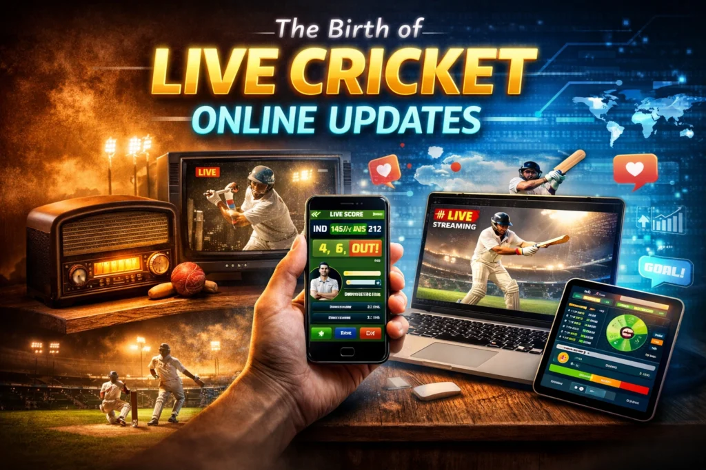 The Birth of Live Cricket Online Updates showing radio, TV and smartphone streaming cricket match