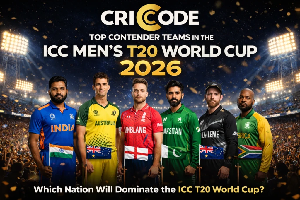 Top T20 World Cup Teams 2026 contenders banner featuring CRICODE design and international cricket teams