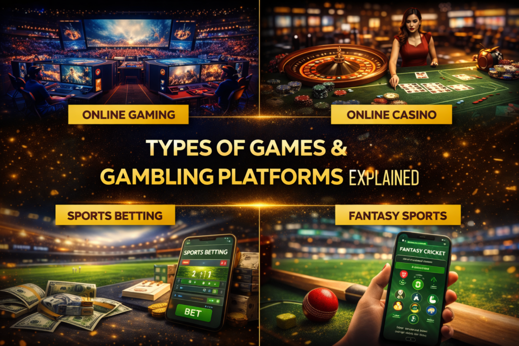 Types of games and gambling platforms including online casino, sports betting, esports and fantasy sports