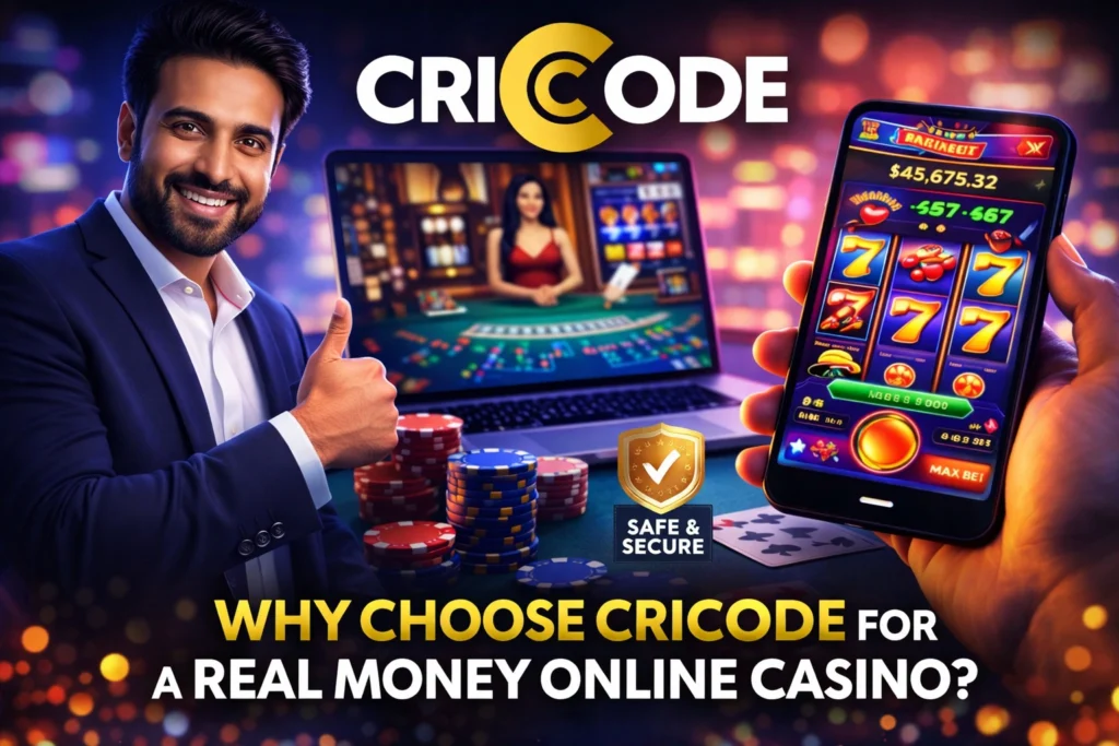 CricCode real money online casino platform showing slots blackjack and live dealer games on mobile and laptop