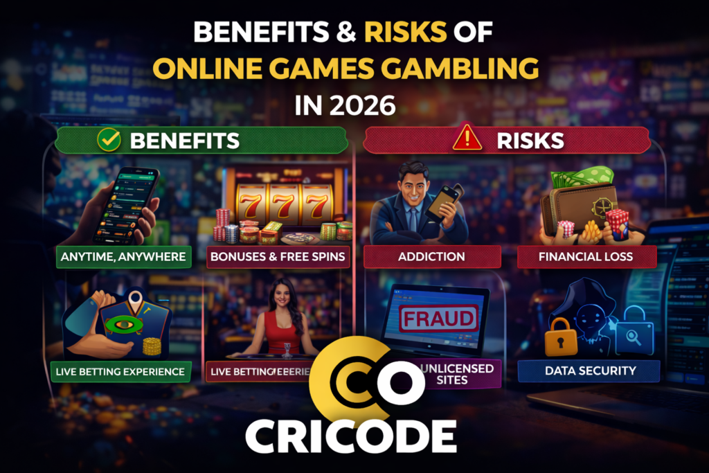 Benefits and risks of online games gambling infographic showing safe betting and risk awareness