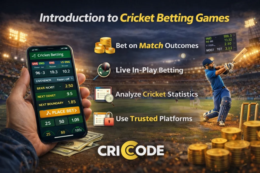 CricCode introduction to cricket betting games with live betting app and cricket stadium background
