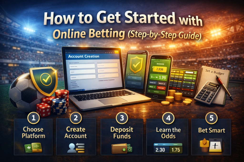 Step-by-step guide showing how to start online betting including account creation, depositing funds, learning odds, and responsible betting