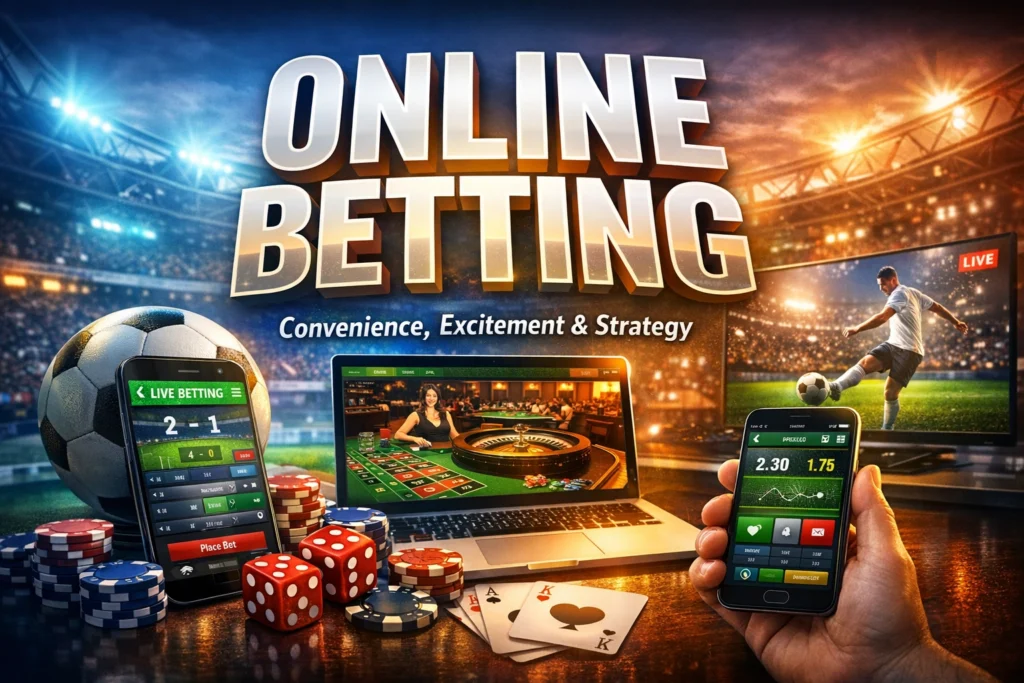 Online betting apps on smartphone and laptop showing sports betting odds, live casino games, and digital sportsbook platform