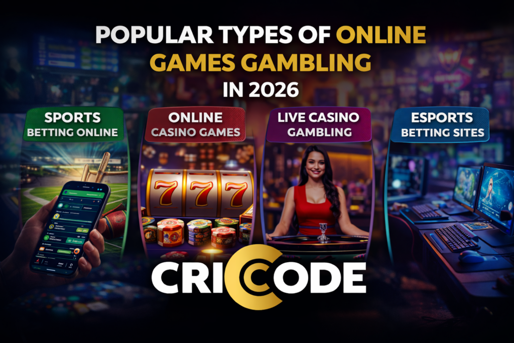Popular types of online games gambling including sports betting, casino games, esports and CRI CODE platform logo
