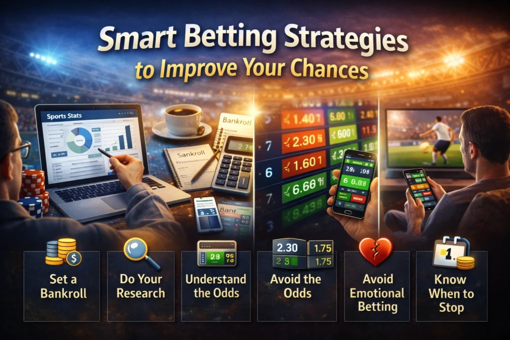 Smart betting strategies illustration showing bankroll management, research, understanding odds, and responsible online betting tips