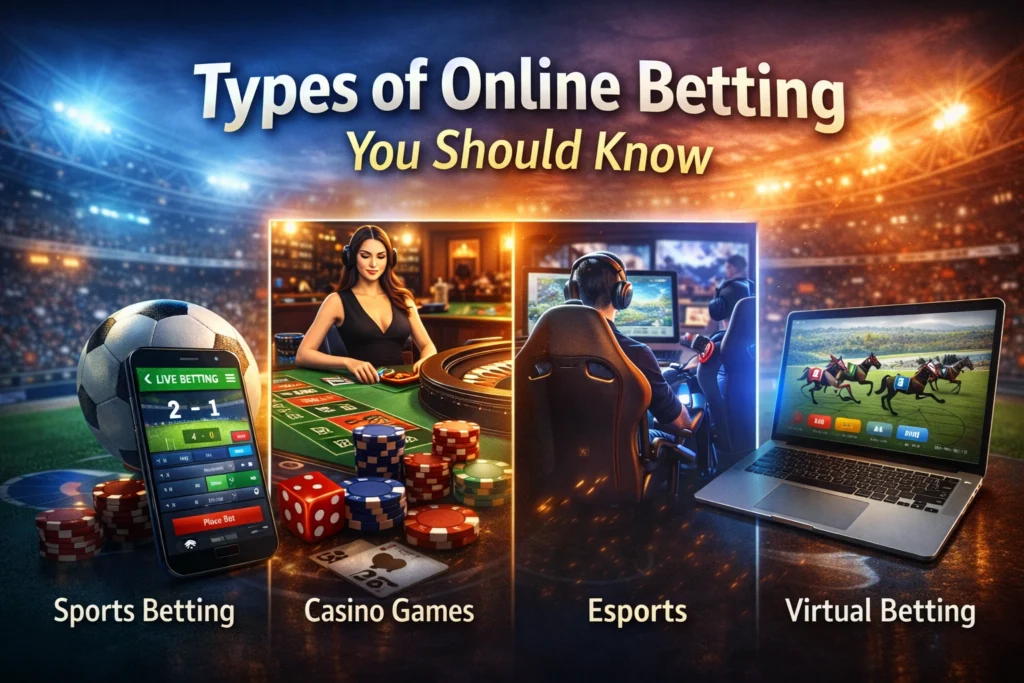 Types of online betting including sports betting apps, live casino games, esports tournaments, and virtual betting platforms on mobile and desktop