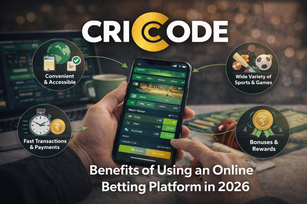 CRICODE online betting platform showing benefits like live betting, fast payments, bonuses and wide sports markets