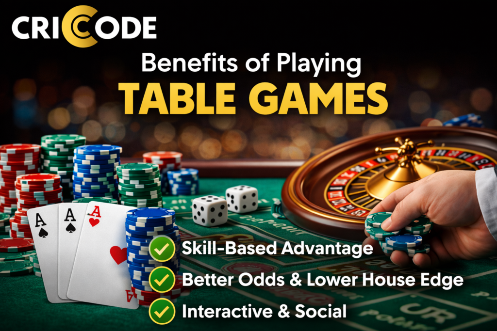 Benefits of table games with chips, cards, roulette and Cricode logoBenefits of table games with chips, cards, roulette and Cricode logo