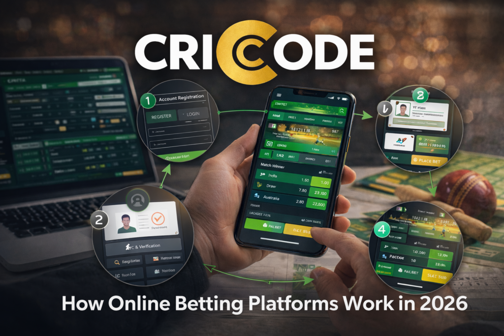 CRICODE guide showing how online betting platforms work with registration, KYC and live betting process
