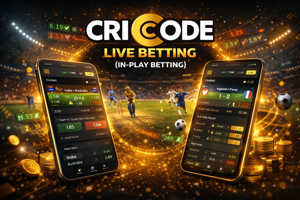 Cricode live betting interface showing real-time odds for cricket and football matches