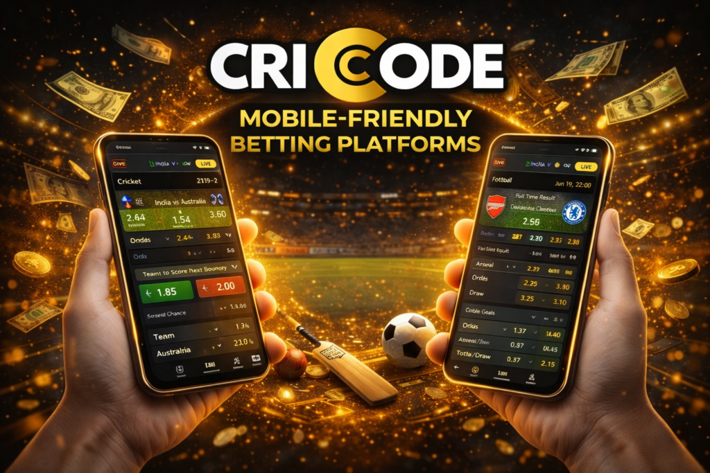 Cricode mobile betting platform showing live cricket and football betting interface on smartphones