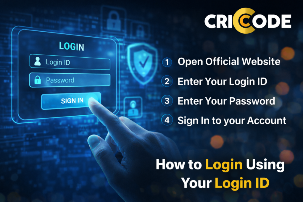 Login using Login ID secure account access interface with CRICODE platform dashboard