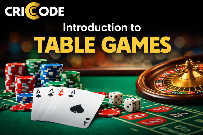 Table games introduction with cards, chips, dice and Cricode logo