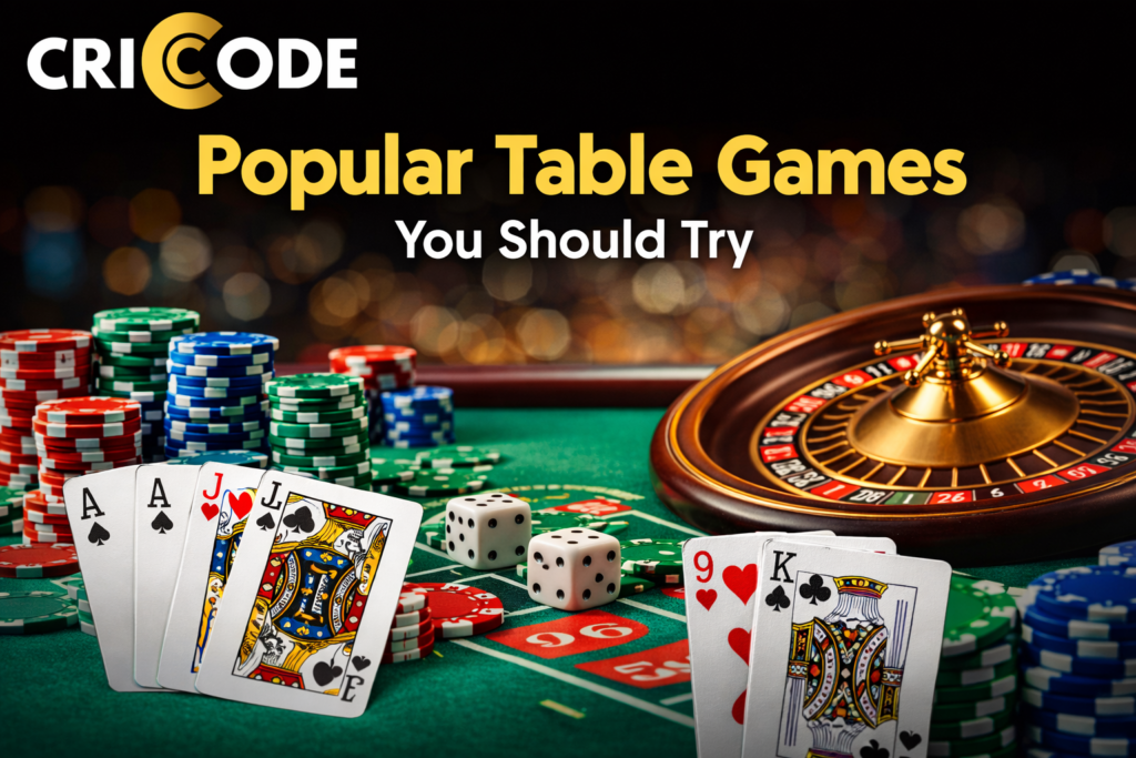 Popular table games with cards, roulette wheel, chips and Cricode logo