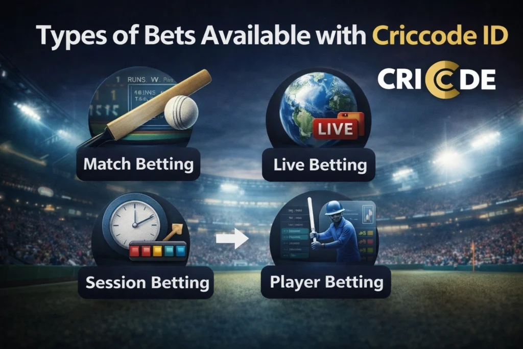 Types of bets available with Criccode ID including match betting live betting session betting and player betting
